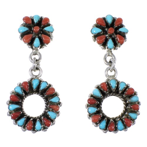 Turquoise And Coral Needlepoint Sterling Silver Post Dangle Earrings WX76251