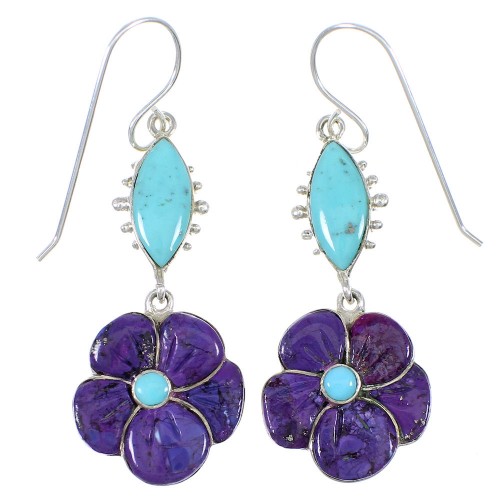 Southwest Turquoise And Magenta Turquoise Flower Silver Hook Dangle Earrings WX76332