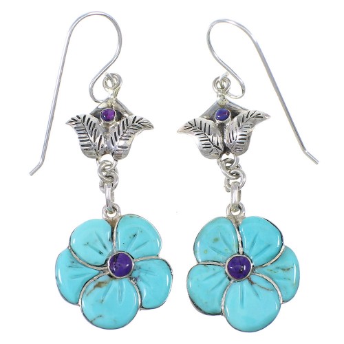 Sterling Silver Turquoise And Magenta Turquoise Flower Southwest Hook Dangle Earrings WX76389