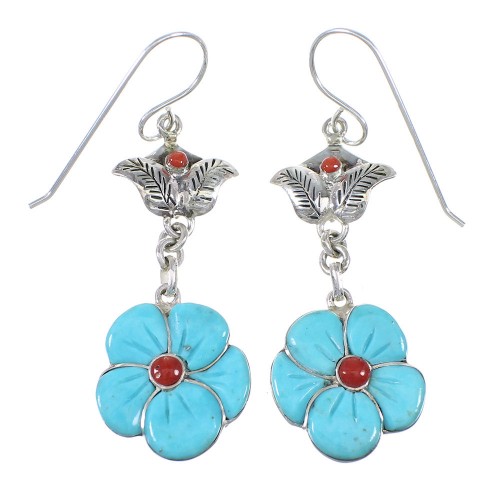 Sterling Silver Turquoise And Coral Flower Southwest Hook Dangle Earrings WX76391