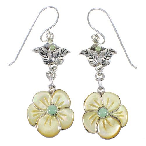 Sterling Silver Turquoise And Yellow Mother Of Pearl Flower Southwest Hook Dangle Earrings WX76394