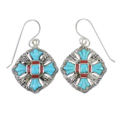 Turquoise And Coral Sterling Silver Southwest Hook Dangle Earrings WX76411