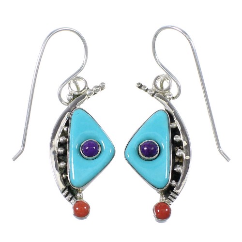 Turquoise Coral Southwest Sterling Silver Hook Dangle Earrings QX76773