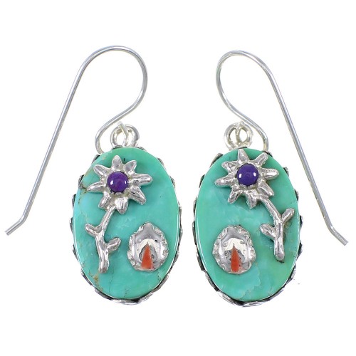 Turquoise Coral Silver Flower Ladybug Hook Dangle Earrings QX76783