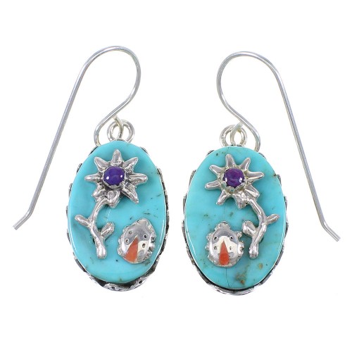 Turquoise Coral Sterling Silver Flower Ladybug Hook Dangle Earrings QX76784