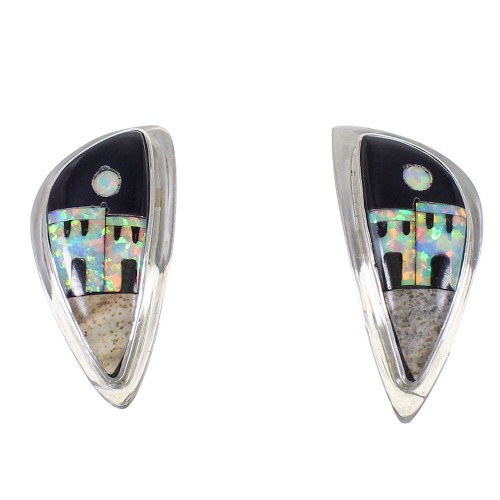 Native American Pueblo Design Multicolor Inlay Silver Post Earrings QX76792