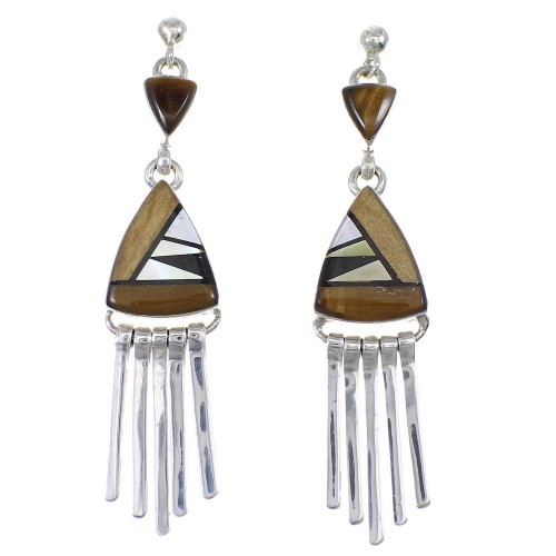 Genuine Sterling Silver Multicolor Inlay Post Dangle Earrings QX76606