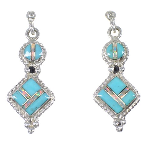 Turquoise Opal Inlay Southwest Authentic Sterling Silver Post Dangle Earrings QX76316