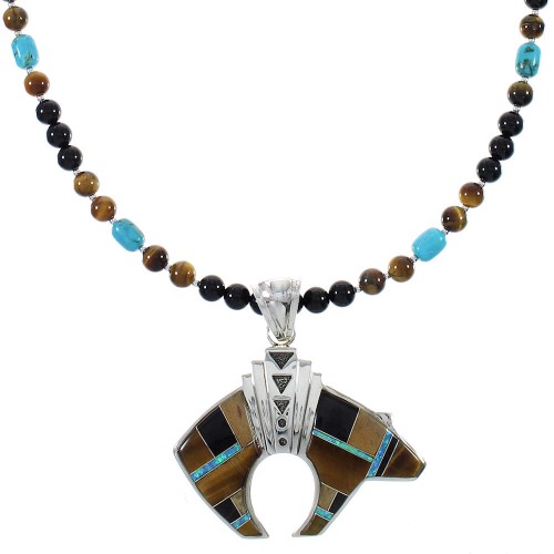 Southwest Sterling Silver Multicolor Bear Pendant And Bead Necklace Set WX77652