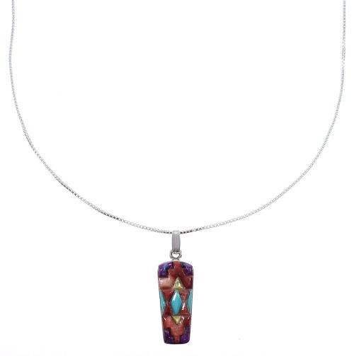 Southwest Multicolor Inlay Sterling Silver Pendant 16" Box Chain Necklace WX78182