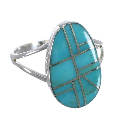 Southwestern Turquoise Inlay Jewelry Silver Ring Size 7-3/4 AX85970