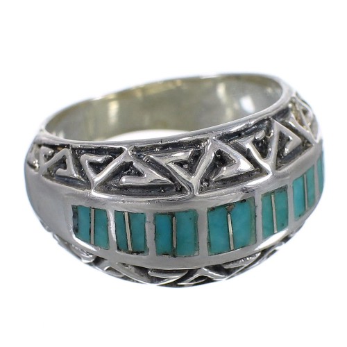 Turquoise Inlay Genuine Sterling Silver Southwestern Water Wave Ring Size 7-3/4 AX83678