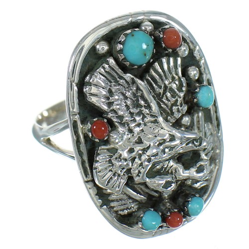 Turquoise Coral Eagle Authentic Sterling Silver Ring Size 5-3/4 RX84826