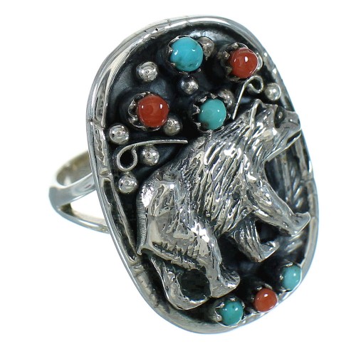 Southwest Genuine Sterling Silver Coral Turquoise Bear Ring Size 8-1/2 RX84874