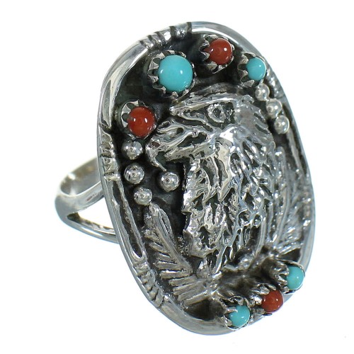 Southwest Sterling Silver Turquoise Coral Eagle Ring Size 5-1/2 RX84908