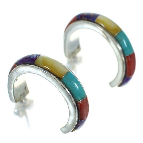 Multicolor Inlay Southwest Sterling Silver Post Hoop Earrings RX83349