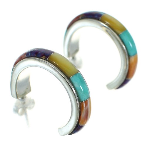 Genuine Sterling Silver Southwestern Multicolor Post Hoop Earrings RX83365