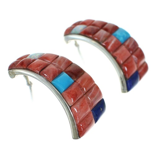 Sterling Silver Multicolor Inlay Southwest Post Hoop Earrings RX83381