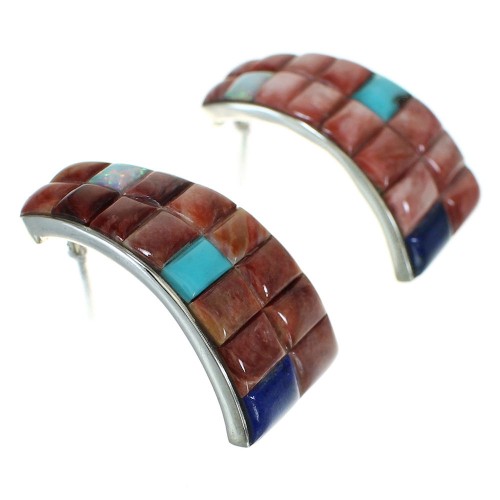 Southwest Authentic Sterling Silver Multicolor Inlay Post Hoop Earrings RX83384