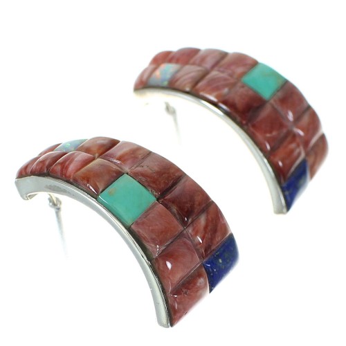 Genuine Sterling Silver Multicolor Southwest Post Hoop Earrings RX83593