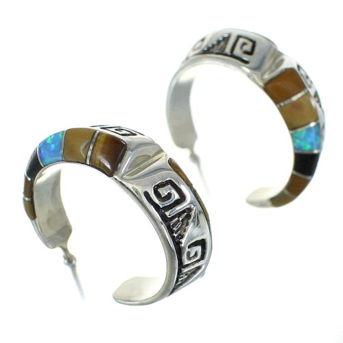 Genuine Sterling Silver Multicolor Inlay Water Wave Post Hoop Earrings RX83597