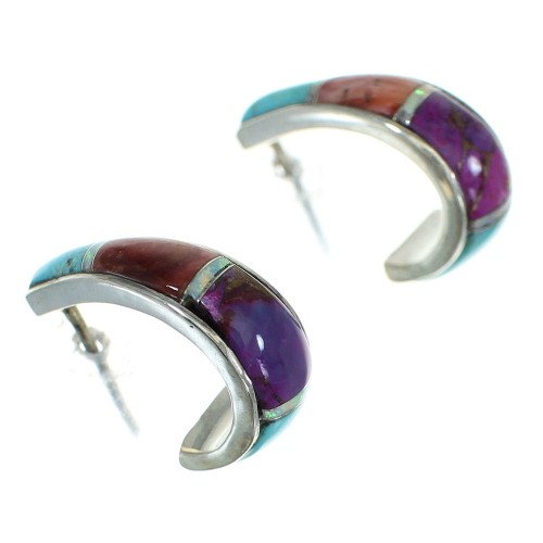 Authentic Sterling Silver Multicolor Inlay Post Hoop Earrings RX83617