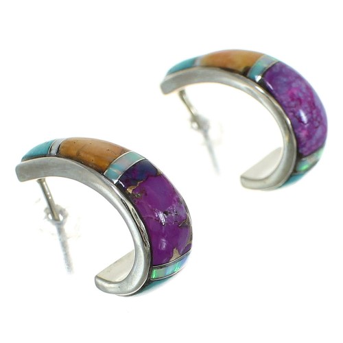 Southwest Authentic Sterling Silver Multicolor Post Hoop Earrings RX83643