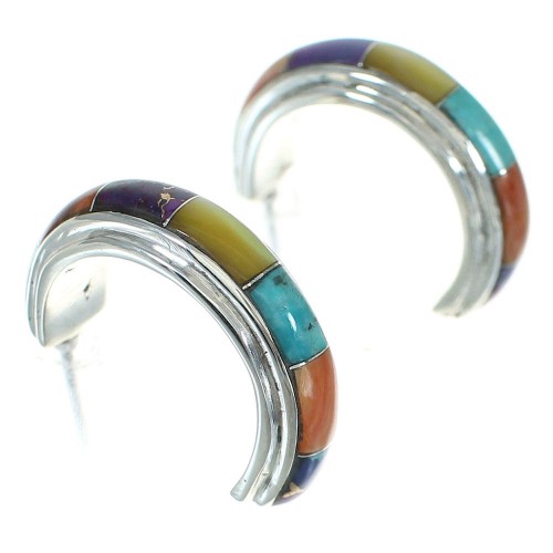 Sterling Silver Multicolor Inlay Post Hoop Earrings RX83824