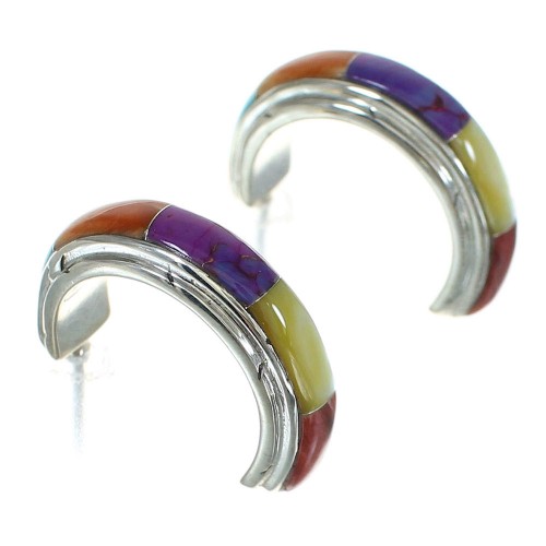 Sterling Silver Southwest Multicolor Inlay Post Hoop Earrings RX83827