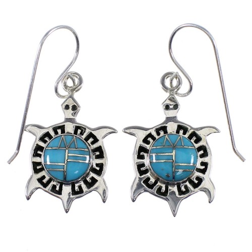 Sterling Silver Turquoise Inlay Turtle Water Wave Hook Dangle Earrings AX87287