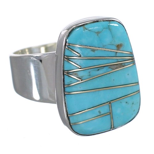 Genuine Sterling Silver Southwestern Turquoise Inlay Ring Size 5-3/4 AX88044