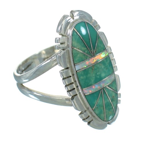 Turquoise And Opal Inlay Sterling Silver Ring Size 7-1/2 AX87527