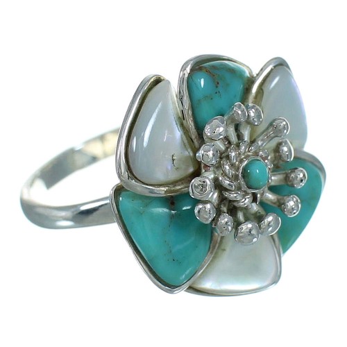 Turquoise And Mother Of Pearl Inlay Sterling Silver Flower Ring Size 5-3/4 AX87537
