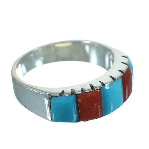 Turquoise And Coral Inlay Southwest Sterling Silver Ring Size 6-3/4 AX87598