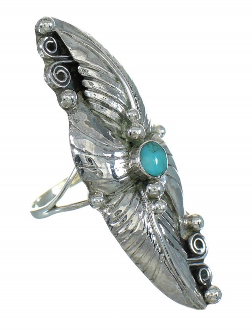 Southwest Genuine Sterling Silver Turquoise Scalloped Leaf Ring Size 7-3/4 YX89540