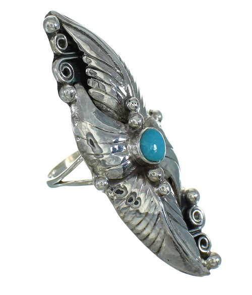 Southwestern Genuine Sterling Silver And Turquoise Scalloped Leaf Ring Size 4-3/4 YX89549