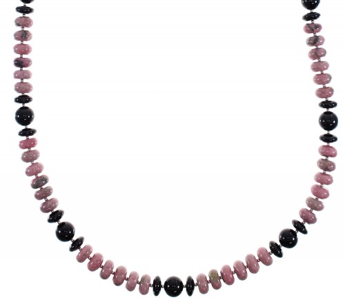 Navajo Silver Rhodochrosite And Onyx Bead Necklace AX91516