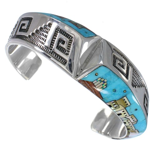 Multicolor Native American Village Design Silver Cuff Bracelet YS66940