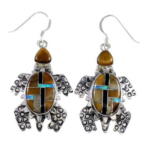 Multicolor Tiger Eye Inlay Silver Turtle Hook Dangle Earrings AX23748