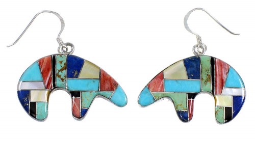 Sterling Silver Multicolor Inlay Bear Hook Dangle Earrings BW73370