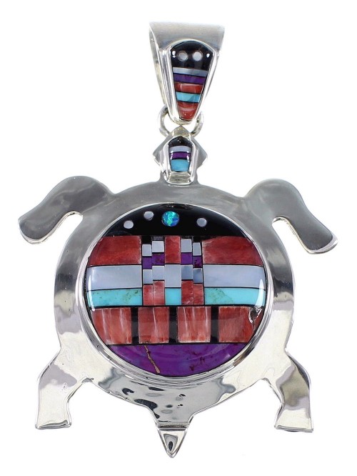 Multicolor Native American Mesa Design Turtle Silver Pendant MW77613