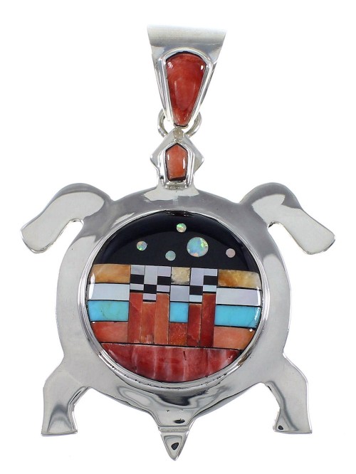 Turtle Multicolor Native American Mesa Design Silver Pendant MW77618