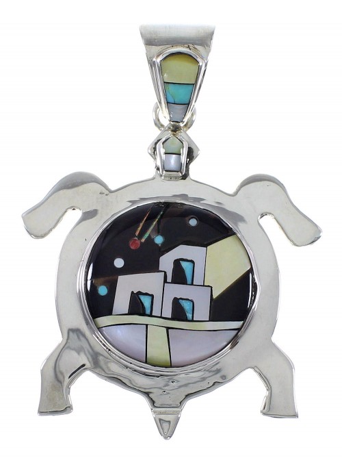 Silver Multicolor Native American Design Turtle Pendant MW77620