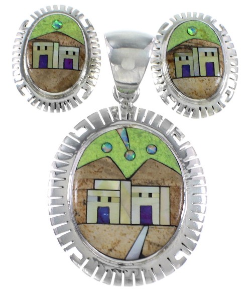 Multicolor Native American Village Design Pendant Earrings Set EX32611