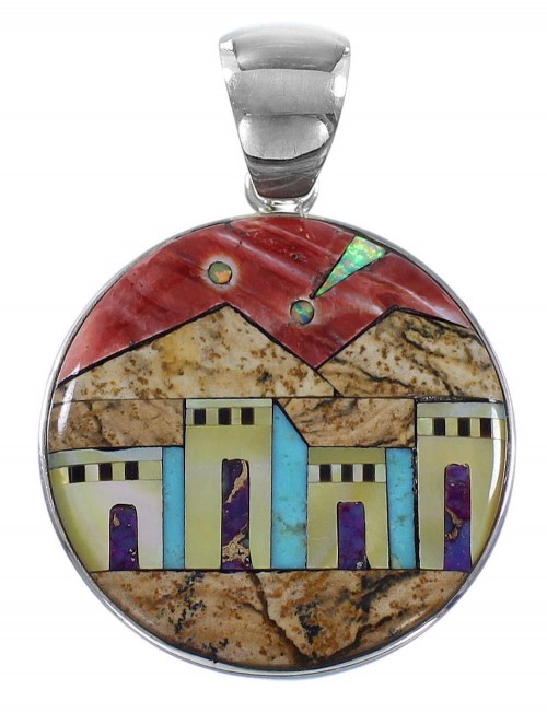 Multicolor Native American Village Design Silver Pendant YS62893