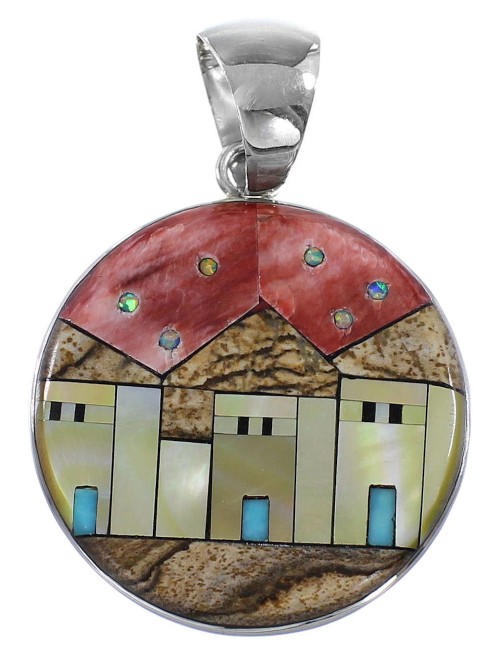 Silver Multicolor Native American Village Design Pendant YS62879