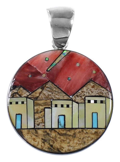 Multicolor Silver Native American Village Design Pendant YS62872