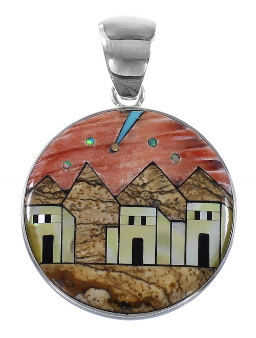 Silver Multicolor Native American Village Design Pendant YS62876