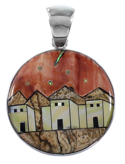 Multicolor Silver Native American Village Design Pendant YS62845