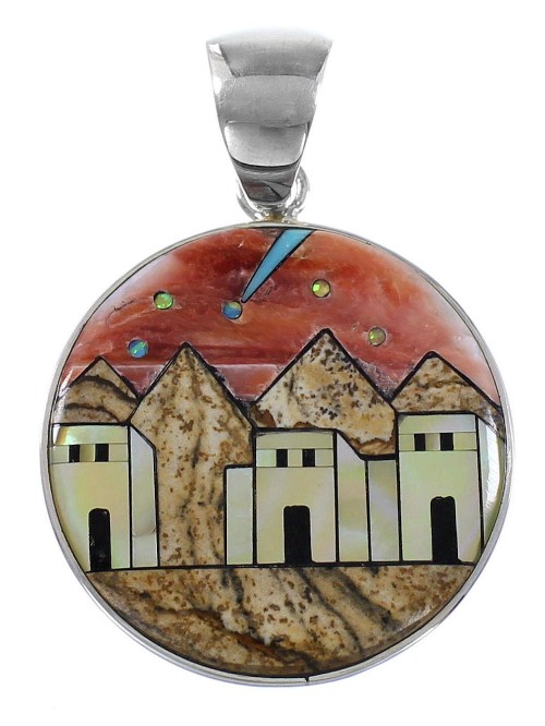 Multicolor Silver Native American Village Design Pendant YS62844